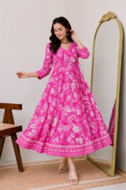 AADIVAA Floral Printed V-Neck Pure Cotton Angrakha Anarkali Kurti