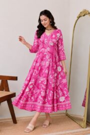 AADIVAA Floral Printed V-Neck Pure Cotton Angrakha Anarkali Kurti - Image 2