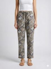 Elegant Grey Floral Printed Women’s Straight Fit Casual Pants with Elastic Waistband and Comfortable Everyday Wear Design - Image 2