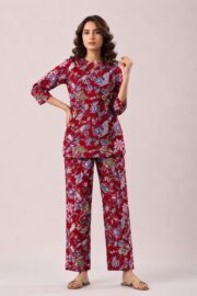 Elegant Red Floral Printed Cotton Co-Ord Set for Women with Straight Fit Pants & Stylish Casual Comfort Wear - Image 5