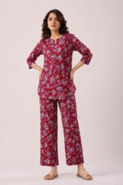 Elegant Red Floral Printed Cotton Co-Ord Set for Women with Straight Fit Pants & Stylish Casual Comfort Wear