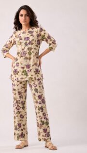 Premium Beige & Purple Floral Printed Women’s Co-Ord Set with Elegant Straight Pants and Stylish Casual Ethnic Fusion Look - Image 4