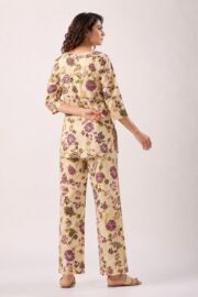 Premium Beige & Purple Floral Printed Women’s Co-Ord Set with Elegant Straight Pants and Stylish Casual Ethnic Fusion Look - Image 3