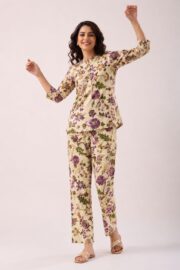 Premium Beige & Purple Floral Printed Women’s Co-Ord Set with Elegant Straight Pants and Stylish Casual Ethnic Fusion Look