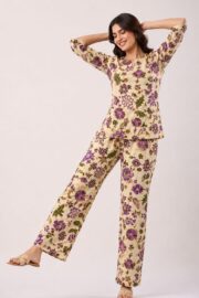 Premium Beige & Purple Floral Printed Women’s Co-Ord Set with Elegant Straight Pants and Stylish Casual Ethnic Fusion Look - Image 2