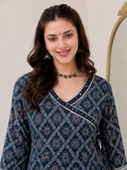 Elegant Navy Blue Printed Anarkali Kurti for Women with Wrap Style Neckline and Flared Ethnic Casual Wear Design - Image 2