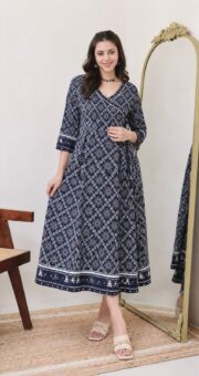 Elegant Navy Blue Printed Anarkali Kurti for Women with Wrap Style Neckline and Flared Ethnic Casual Wear Design