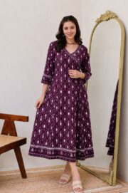 Elegant Purple Printed Anarkali Kurti for Women with Wrap Neck Design and Flared Ethnic Casual Wear Style