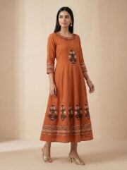 Elegant Rust Orange Printed Anarkali Kurti for Women with Embroidered Neckline and Flared Ethnic Festive Wear Design - Image 2
