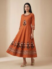 Elegant Rust Orange Printed Anarkali Kurti for Women with Embroidered Neckline and Flared Ethnic Festive Wear Design