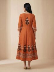 Elegant Rust Orange Printed Anarkali Kurti for Women with Embroidered Neckline and Flared Ethnic Festive Wear Design - Image 3