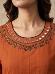 Elegant Rust Orange Printed Anarkali Kurti for Women with Embroidered Neckline and Flared Ethnic Festive Wear Design - Image 4