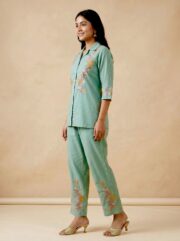Elegant Sea Green Embroidered Women’s Co-Ord Set with Floral Thread Work Shirt and Straight Fit Pants for Ethnic Casual Wear - Image 2