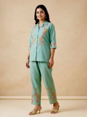 Elegant Sea Green Embroidered Women’s Co-Ord Set with Floral Thread Work Shirt and Straight Fit Pants for Ethnic Casual Wear