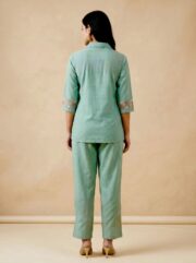 Elegant Sea Green Embroidered Women’s Co-Ord Set with Floral Thread Work Shirt and Straight Fit Pants for Ethnic Casual Wear - Image 4