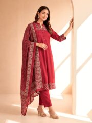 Elegant Dark Pink Embroidered Kurti Pant Set with Printed Dupatta for Women | Ethnic Festive & Traditional Wear Collection - Image 3