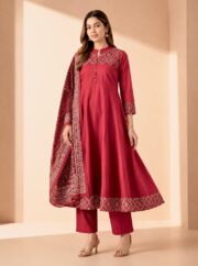 Elegant Dark Pink Embroidered Kurti Pant Set with Printed Dupatta for Women | Ethnic Festive & Traditional Wear Collection