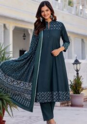 Elegant Dark Teal Printed Kurti Pant Set with Dupatta for Women | Ethnic Straight Fit Traditional & Festive Wear Collection