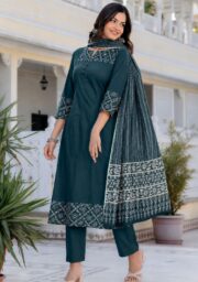 Elegant Dark Teal Printed Kurti Pant Set with Dupatta for Women | Ethnic Straight Fit Traditional & Festive Wear Collection - Image 3