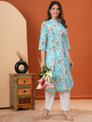 AADIVAA Floral Printed Mandarin Collar Straight Kurta