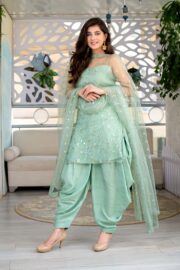 Women's Mint Green Embroidered Patiala Suit Set with Net Dupatta