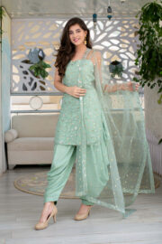 Women's Mint Green Embroidered Patiala Suit Set with Net Dupatta - Image 3