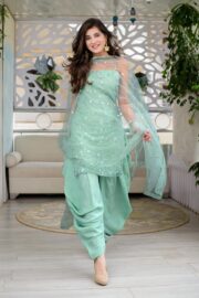 Women's Mint Green Embroidered Patiala Suit Set with Net Dupatta - Image 2