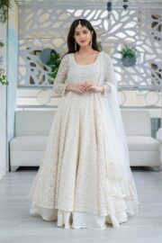 Women's White Anarkali suit set with Skirt & Dupatta