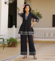 Women's Black Embroidered Peplum Kurti with Palazzo Pants Co-Ord Set - Image 3