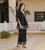 Women's Black Embroidered Peplum Kurti with Palazzo Pants Co-Ord Set - Image 4
