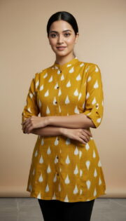 Mustard Yellow Ikat Print Mandarin Collar Cotton Tunic for Women - Image 2