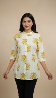 Women's Off-White Floral Print Mandarin Collar Button-Down Tunic - Image 4