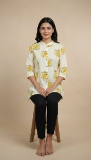 Women's Off-White Floral Print Mandarin Collar Button-Down Tunic - Image 6