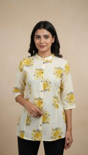 Women's Off-White Floral Print Mandarin Collar Button-Down Tunic