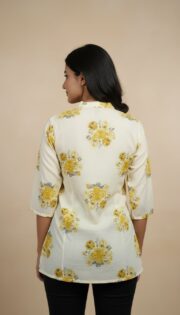 Women's Off-White Floral Print Mandarin Collar Button-Down Tunic - Image 3