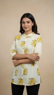 Women's Off-White Floral Print Mandarin Collar Button-Down Tunic - Image 2
