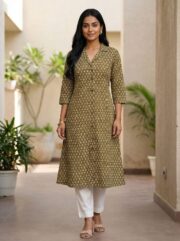 Women's Olive Green Printed A-Line Kurta with Notched Collar - Image 3