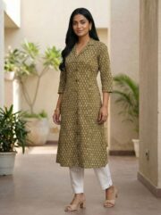 Women's Olive Green Printed A-Line Kurta with Notched Collar