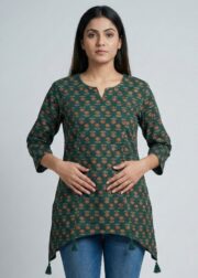 Women's Teal Green Floral Printed Asymmetrical Cotton Tunic Top