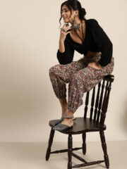 Women Maroon & Off-White Regular Fit Printed Joggers - Image 2