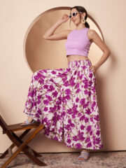 Women's White & Magenta Floral Print Flared Palazzo Pants