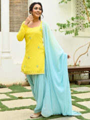 Yellow and Blue Kurta and Patiala Set - Image 2