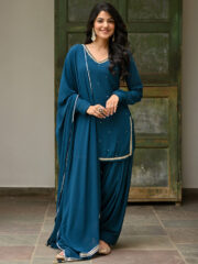 Women's Teal Blue Patiala Suit Set with Dupatta and Embellished Detailing - Image 5
