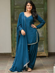 Women's Teal Blue Patiala Suit Set with Dupatta and Embellished Detailing