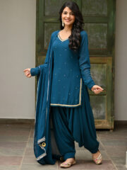 Women's Teal Blue Patiala Suit Set with Dupatta and Embellished Detailing - Image 3