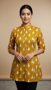 Mustard Yellow Ikat Print Mandarin Collar Cotton Tunic for Women