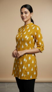 Mustard Yellow Ikat Print Mandarin Collar Cotton Tunic for Women - Image 4