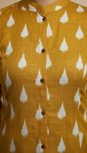 Mustard Yellow Ikat Print Mandarin Collar Cotton Tunic for Women - Image 5